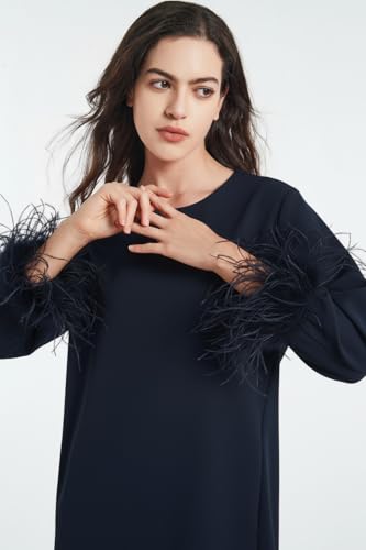Image of D-Sun Women Feather Dress 3 /4 Feather Sleeves Mini Dress | Round Neck,Elegant Party Dress, Wedding Guest Cocktail Dresses with Pocket