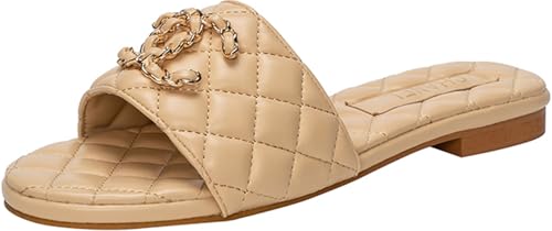 EOQIFJM Women's Quilted Leather Slip-On Sandals 40 Beige