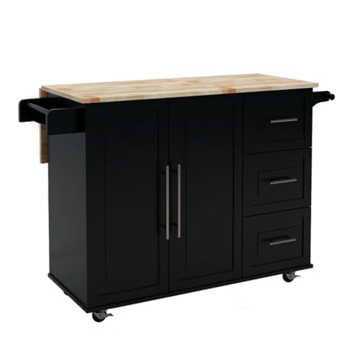 Gabinete de 1 Puerta y Ruedas, Isla de Cocina rodante Negra, Carrito con Ruedas y encimera de Madera Maciza, 3 cajones de Almacenamiento (D Talla nica)