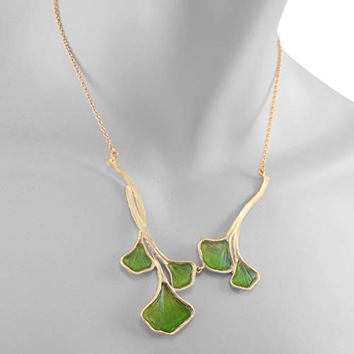 American Handmade Cast Artisan Glass & Gold-Plated Green Ginkgo Leaf Necklace4
