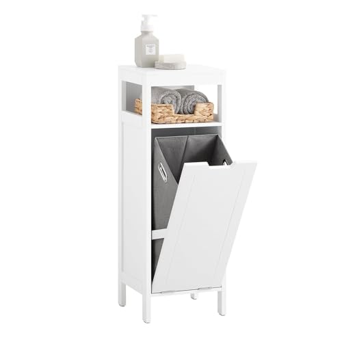 SoBuy Meuble Salle de Bain avec Panier à Linge – Armoire de Salle de Bain Compacte avec Sac Abattant – Meuble de Rangement Gain de Place en Bois Placard...