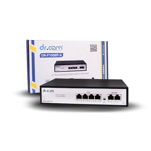 Image of dr.com 6 Port PoE Switch with 4 PoE Ports and 2 Uplink Ports 10 /100 Mbps 65W Power IEEE 802.3af /at Support for CCTV IP Camera Network Switch Plug and Play Metal Body Black