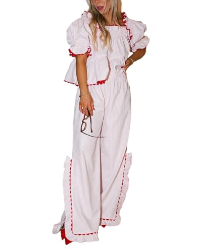 Image of Argeousgor Women Plaid 2 Piece Pajama Set Button Down Puff Sleeve Babydoll Shirt Gingham Pants Pj Lounge Set Sleepwear