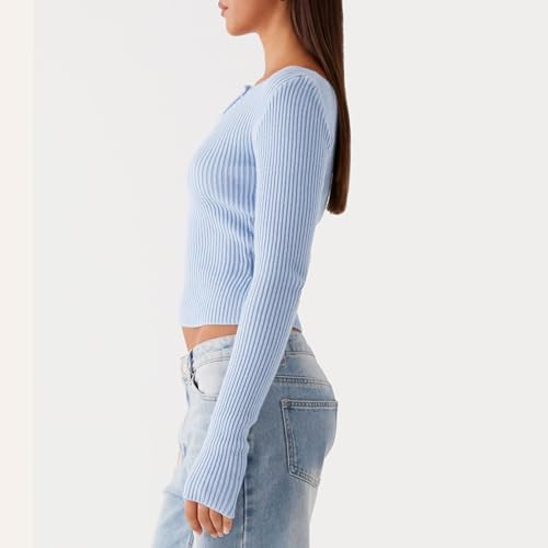 Image of Women Off Shoulder Long Sleeve Sweater Y2K Ribbed Knit Pullover Solid Crop Top Going Out Boat Neck Blouse