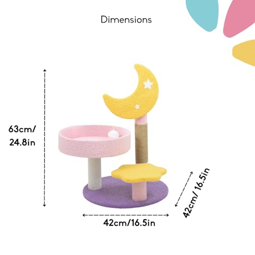 Image of Tsuki Moon-Themed Cat Tree for Indoor Cats & Kittens | 3-Tier Cat Scratching Post with Cozy Perch, Star Step, Sisal Rope & Hanging Pom-Pom Toy | Aesthetic Furniture for Indian Homes