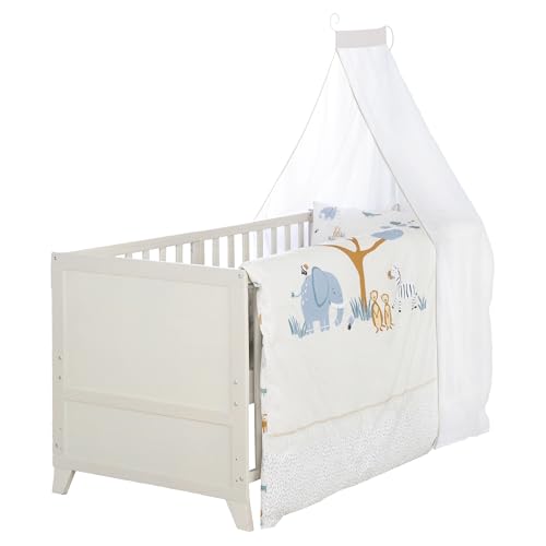 roba Ensemble Complet de Lit Bébé Savanna Friends - Lit 70 x 140 cm en Bois INCL. Matelas, Linge de Lit, Ciel et Flèche de Lit - Évolutif à Partir de 6...