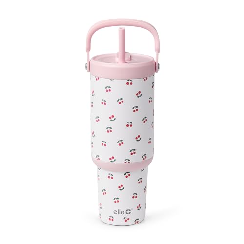 Image of Ello Oasis Go+ 32oz Tumbler with Top Handle and Retracting Straw | Reusable Insulated Stainless Steel Cup, 100% Leakproof Water Bottle, 24 Hours Cold, Cup Holder Friendly For Travel | Cherry Jubilee