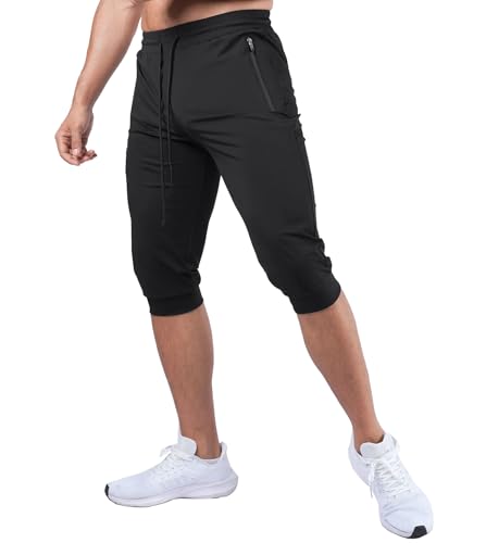 Fioboc 3/4 Joggers for Men with Zipper Pockets, Capri Pants Quick Dry Men's Sweatpants Drawcord Adjusts Workout Pants