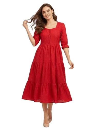 Image of Her Couture Cotton Midi Schiffli Embroidered Dress with Attached Belt