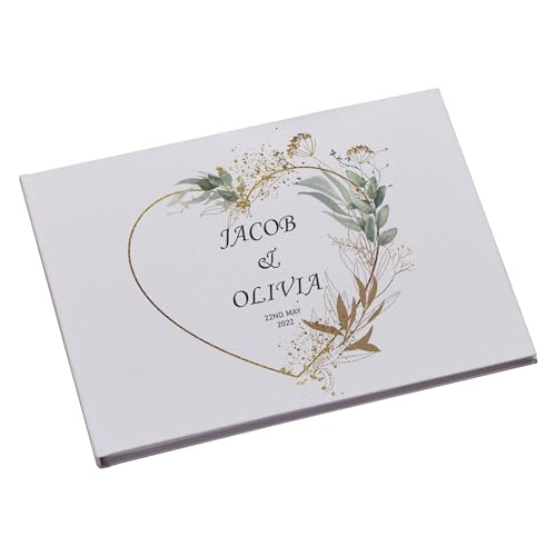 Large Personalised Wedding Guest Book Keepsakes,Signature Scrapbook, Photo Album Wedding Couple Green Gold Heart