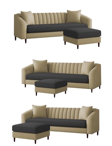 Image of Casaliving Doraldo 4 Seater L Shape Convertible Sofa Set for Living Room, 3 Seater & Ottoman Modular Sectional Couch for Small Space (Cream Black Colour) Fabric