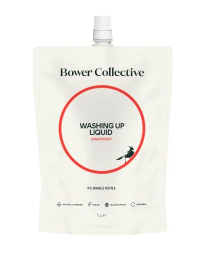 Bower Collective Grapefruit Natural Washing Up Liquid Refill 1 Litre, Eco Friendly Dish Soap with Essential Oils, Non Toxic Plant Based Dishwashing Liquid