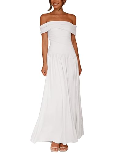 Women's Off The Shoulder Maxi Dress Bodycon Ruched Flowy Long Dresses Pleated Summer Dress