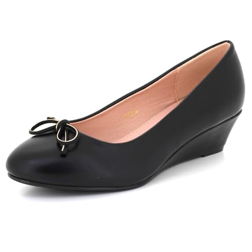 Image of Womens Patent Wedge Heel Pumps Comfortable Slip-On Bow Accent Lightweight Office Work Formal Casual Ladies Court Black PU Shoes Size 6 UK 39 EU