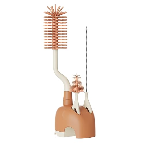 Image of ePiiChua Silicone Bottle Brush Set with Stand, 360° Rotating Bottle Cleaning Brush Cleaner Set, Long Handle 3 in 1 Multipurpose Silicone Baby Bottle Straw Cleaner Brush (Orange)