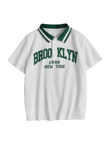 Boy's Letter Graphic Golf Shirts Y2K Short Sleeve Striped Trim Baggy Shirt