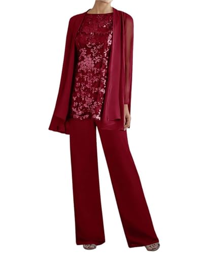 Image of 3 Pieces Mother of The Bride Dresses Pant Suits - Lace Chiffon Long Sleeve Grandmother Dresses with Jacket