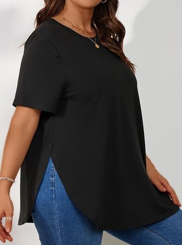 Hilinker Women's Plus Size Short Sleeve Tunic Tops Loose Fit Dressy Side Slit Tees Asymmetrical Hem T Shirts4