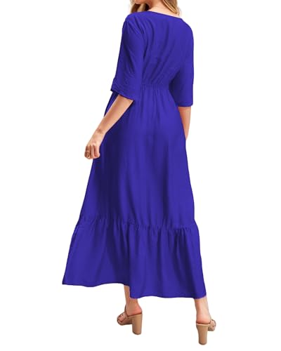 Image of Women's Summer Short Sleeve Maxi Floral Flowy Dresses with Pockets
