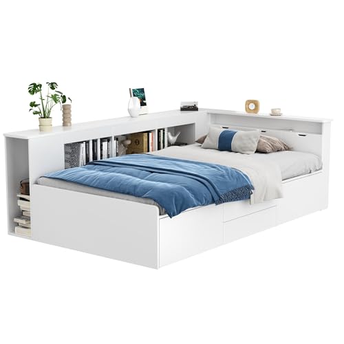 BTM Single Bed with Storage, 3ft-90x190cm Kids Bed, Single Bed with Drawers, Bookcase and Storage Cupboard, Mid Sleeper Cabin Bed Kids, No Mattress
