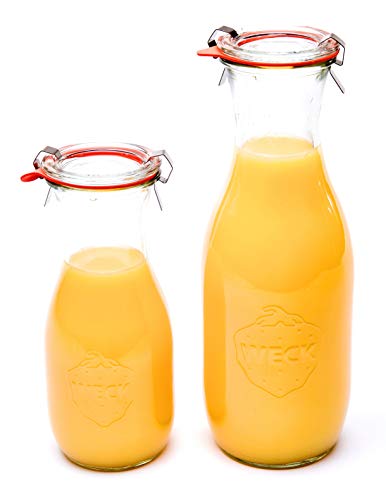 Weck Juice Jar Combo Pack - (1) 766 1-Liter jar (1) 764 1/2-Liter jar with Glass Lids, Rubber Rings and Steel Clamps