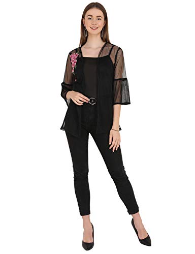 Image of UNFAKENOW Women Floral Embroidered Pearl Embellished Net Shrug