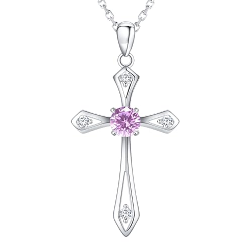 Cross Necklace for Women ,925 Sterling Silver Birthstone Necklace,Pink -October ...