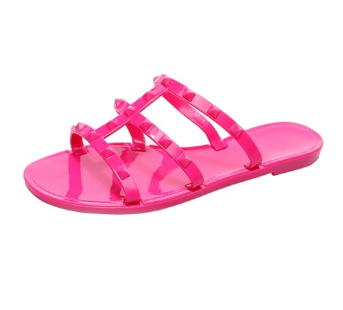 Image of Women Flats Sandals, Studded Jelly Shoes Size 9 Red Dressy Summer Beach Rivets Strappy Jellies Slide Slip On Open Toes