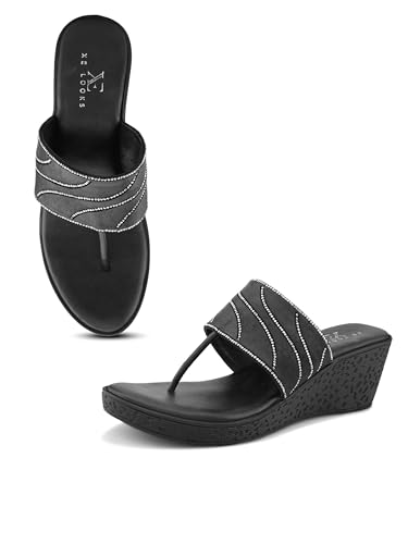 Image of XE Looks Wedge Thong Sandals for Women | Pleated Upper Strap with Subtle Rhinestone Detail | Cushioned Footbed & Slip-On Low Wedge Heel | Lightweight All-Day Comfort
