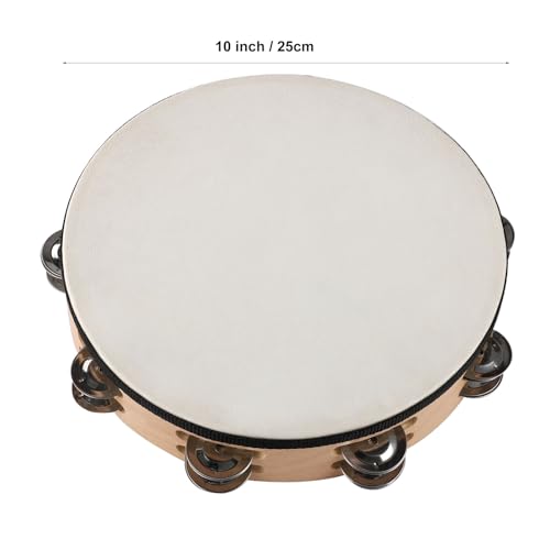 LIEKE Goatskin Tambourine 10 Inch Beechwood Hand Held Drum for Adult with 8 Pairs Metal Jingles for Music Classroom Dance Party Church Game Props