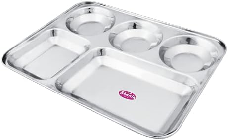 Sharda Metals Stainless Steel Rectangular Thali with 5 Compartment Partitions, Ideal for Pav Bhaji Plates, Bhojan Thali, and Partition Serving and Everyday Dining, Rust-Proof, Dishwasher Safe