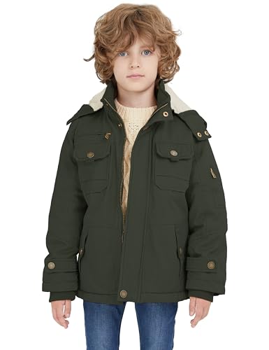 WenVen Boy's Winter Sherpa Jacket Heavy Twill Cotton Military Coat with Hood3