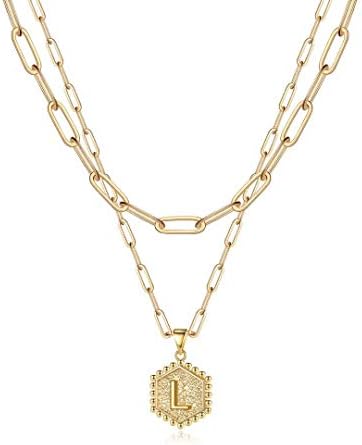 Dainty Layered Initial Necklaces for Women Trendy, 14K Gold Plated Paperclip Chain Necklace for Women Simple Cute Letter Pendant Initial L Necklace Choker Necklace Gold Layered Necklaces for Women Girls