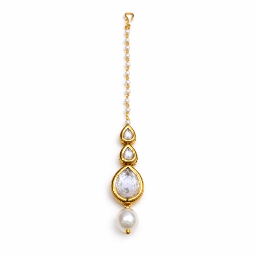 Kundan Maang Tikka Gold Plated Traditional Tear Drop Design with Pearl Chain Forehead Jewellery for Women & Girls-image-36