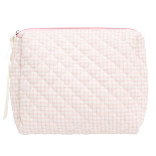 Quilted Makeup Pouch for Women, Travel Cosmetic&Toiletry Bag,Gingham Pink