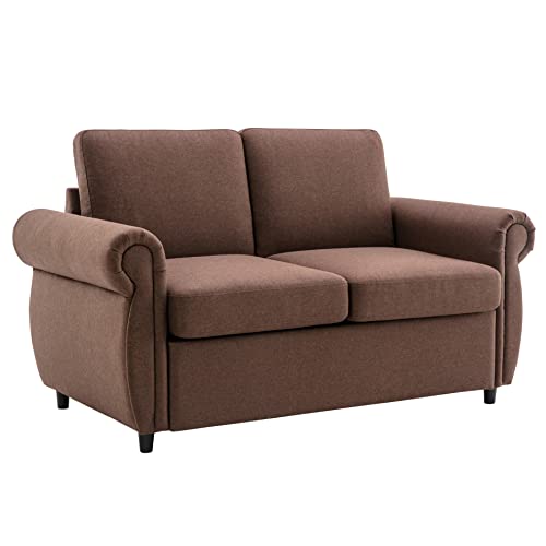 Merax Sleeper Couch Small Sofa For Living Room Or Bedroom Including Pull Out Bed Sofabed, Compact, Brown W/Mattress #TOP2