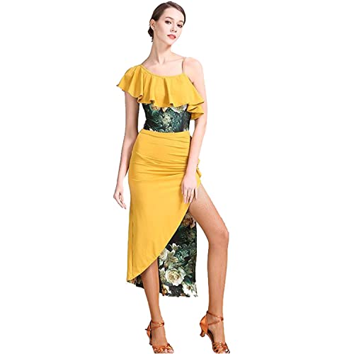 Yhhsgscr Adult Latin Dance Outfit Printed Tango Dance Dresses Performance Wear for Rumba Women's Two Piece Ballroom Costume,Yellow,L