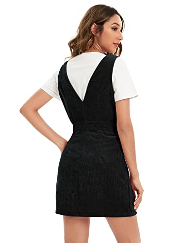 Floerns Women's V Neck Sleeveless Corduroy Button Pinafore Overall Mini Dress Black L #TOP1