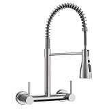 YUHUBY Wall Mount Kitchen Faucet with Pull Down Sprayer 3 Functions, 304 Stainless Steel Wall Mount Faucet 8 Inch Center, 2 Handle Kitchen Sink Faucet High Arc 360° Swivel, Brushed Nickel