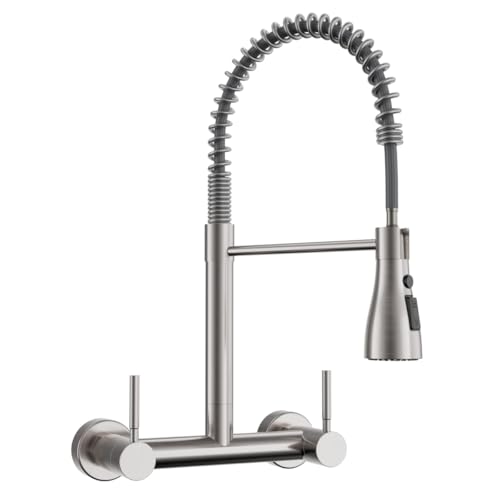 Image of Wall Mount Kitchen Faucet with Pull Down Sprayer 3 Functions, 304 Stainless Steel Wall Mount Faucet 8 Inch Center, 2 Handle Kitchen Sink Faucet High Arc 360 Swivel, Brushed Nickel
