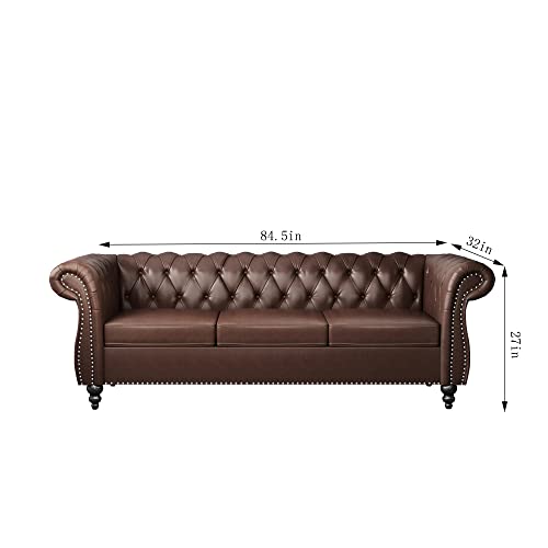 Avzear Leather Sofa 3 Seater Couch, Large Sofa Furniture Roll Arm Classic Tufted Chesterfield Settee Leather Sofa With Channel Tufted Seat Back For Living Room, Brown Pu #TOP1