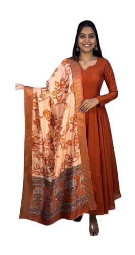 Image of Women's Ethnic Anarkali Kurta Set | Premium Vichitra Silk Gown with Printed Mayura Silk Kalamkari Dupatta Brown
