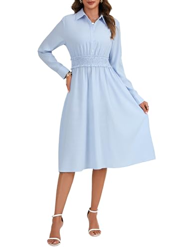 Vrtige Women's Stripe Button Down Corset Collar V Neck A Line Long Sleeve Midi Shirt Dress Azure X-Large
