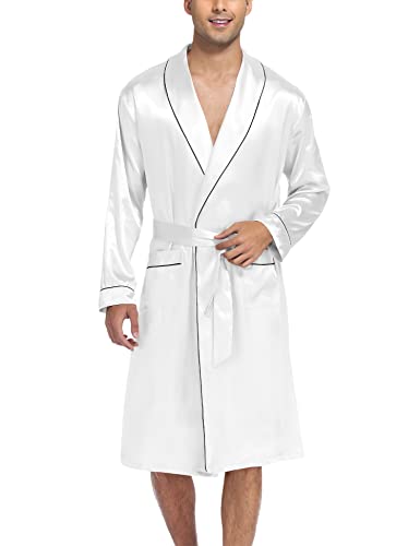 Swomog Men'S Silk Satin Bathrobe With Shorts Set Pocket Front Long Sleeve Sleepwear Belted Satin Long Robe thumb #1
