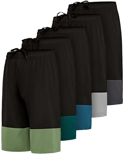 Image of Real Essentials 5 Pack: Boys' Dry Fit Basketball Shorts for Youth Kids Teens - Athletic Running Soccer Sports with Pockets