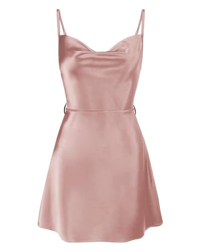 Image of Women's Satin Mini Dress Spaghetti Strap Sleeveless Cowl Neck Tie Waist Silky Cocktail Party Short Dresses