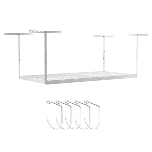 SafeRacks 4 ft x 8 ft Overhead Storage Rack Adjustable 24 in - 45in Height (White) With Accessory Pack With 5-Piece Hook Accessory Pack