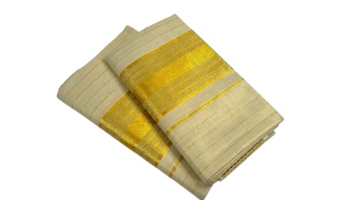 Image of Womens Kuthampully Set Mundu With Golden & Stripes Kara