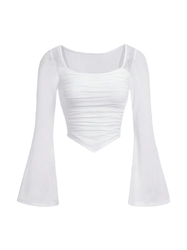 Floerns Girls Bell Long Sleeve Square Neck Asymmetrical Hem Mesh Ruched Crop Tops Tees White 12-13Y
