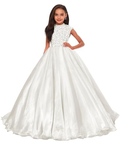 Pageant Dresses for Girls Puffy Tulle Flower Girl Dress Rhinestones Beads Birthday Party Ball Gowns for Wedding